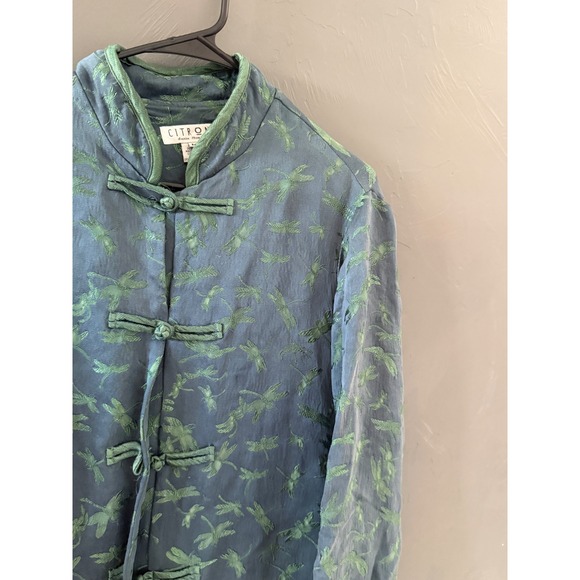 Citron Santa Monica Jackets & Blazers - Citron Santa Monica Vintage Y2k Silk Dragonfly Mandarin Jacket Teal Green Frog M